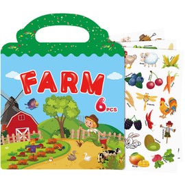 Reusable Sticker Book, Sticker Book for Children, 6 Sheets Farm Sticker Books for 3 4 5 6 Years Boys Girls Toddlers, 3D Clear Stickers for Educational Toys Gifts