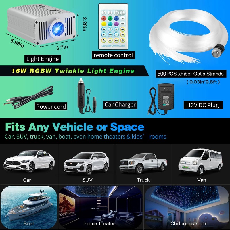 VASTFIRE Starlight Headliner Kit - 500pcs 0.03in 9.8ft Fiber Optic