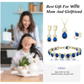 LMXXVJ Created Blue Sapphire Women Jewelry Sets,Birthday/Anniversary/Mother’s Day/Prom Jewelry Gifts for Mom/Wife/Sister/Best Friend,18K Yellow Gold Plated,Adjustable Ring,Pack of 5