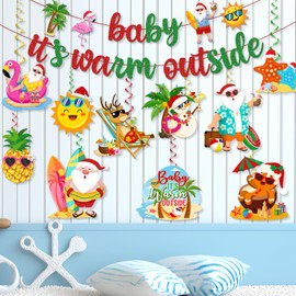 Tropical Christmas Decorations, Summer Christmas Decorations includes Glitter Baby Its Warm Outside Banner and Santa Hanging Swirls, for Hawaiian Luau Beach Theme Christmas Decorations
