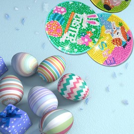 woclsnow 10 Pieces Easter Diamond Painting Coasters with Holder, 5D Diamond Art Kits for Adults Kids, DIY Diamond Art Painting Coasters with Holder for Home Decor