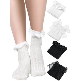 Geyoga 4 Pairs Women's Ruffle Frilly Lace Ankle Socks Cute Princess High Socks (Elegant Black and White,size 5-9)
