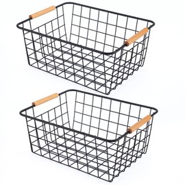 Wire Basket 2 Pcs Wire Storage Baskets Wire Baskets Organizing with Wooden Handles Wire Basket Pantry Organization and Storage Metal Wire Food Storage Basket for Kitchen, Cabinets (Black 2PCS)