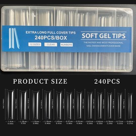 Pack of 240 Tips for Gel Nails, Nail Tips, Tips for Gel Nails, Nail Tips Square, Extra Long Transparent Half Cover, No C Curve, Square Nail Tips, False Nails Tips for Nail Studios DIY