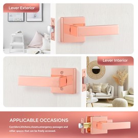 Leydebong 5 Pack Keyless Passage Door Lever Square Hall Closet Handles, Heavy Duty Interior Non-Locking Lever, Reversible for Right & Left Side, Rose Gold Finish