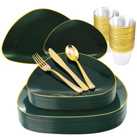 DaYammi 30Guest Green and Gold Plastic Plates Green Plastic Plates Gold Plastic Cutlery Disposable Plastic Dinnerware include 30 Dinner Plates, 30 Dessert Plates, 30 Fork, 30 Knives, 30 Spoons,30 Cups