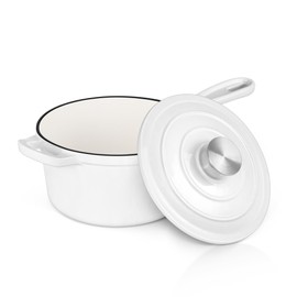 E-far Enameled Cast Iron Sauce Pan, 2 Quart Dutch Oven Saucepan with Lid, Small Sauce Pot for Cooking, Boiling, Healthy & Non Toxic, Induction & Oven Safe, White