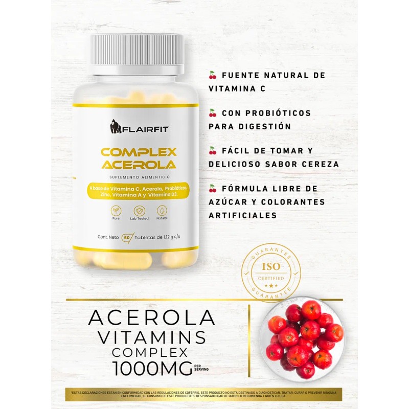 Flairfit Complex Acerola 60 tabletas masticables Suplemento alimenticio Probiticos y