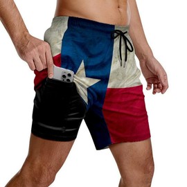 Sekibraunk Vintage Texas Flag Swim Trunks for Men, Quick Dry Beach Swimming Shorts Board Swimwear Bathing Suit with Compression Liner, X-Large