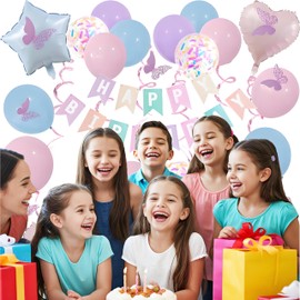 LBKKC Pastel Birthday Decorations, Rainbow Happy Birthday Banner for Girls, Glitter Hanging Streamers with Butterfly, Colorful Pastel Birthdays Banners with Balloons for Party Decoration