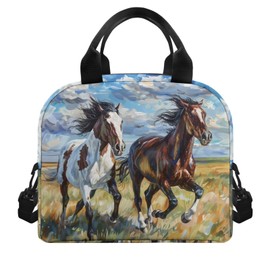 Bivxisrvo Oil Painting Horse Print Lunch Cooler Bag Insulated for Women Waterproof Oil-proof Lunch Box Backpack for Workers Wide Open Foldable Meal Bag Lunch Box for Business