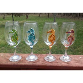 4 Multi Colored Seahorse Hand Painted Stemmed Wine Glasses Set