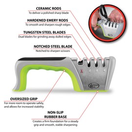 Performance Tool W9405 - 4-Slot Knife and Tool Sharpener with Dual Tungsten Blades, Emery Rods, and Ceramic Rods for Precision Sharpening