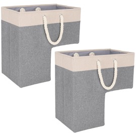 SAM AND MABEL Stairway Storage Basket, Premium Linen Material, Lightweight and Sturdy, Foldable, 16" L x 10" W x 16" H, Lite Cream and Gray (Pack of 2)