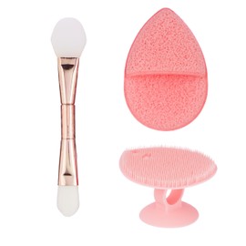 3pc Facial Cleansing Kit - Silicone Face Scrubber, Exfoliating Face Sponge, and Dual Ended Mask Applicator | Esthetician Supplies & Spa Accessories For Women