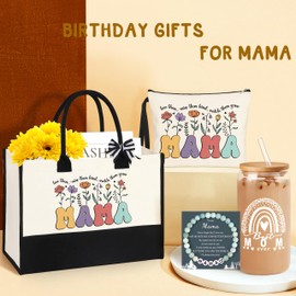 Mama Gifts for Mom, Birthday Gifts for Mom Mother Tote Bag Set Gifts for Mama from Daughter Son Mama Gifts Basket Christmas Gifts for Mom Tote Bag Makeup Bag 16 Oz Can Glass Mama Bracelet Gifts
