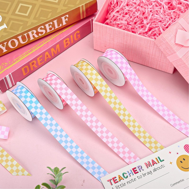 Whaline 4 Rolls Pastel Checkered Grosgrain Ribbons Fabric Craft Ribbon