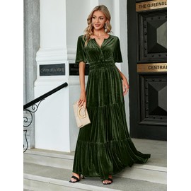 Amegoya Women's Velvet Short Sleeve V Neck Formal Wedding Guest Maxi Dresses Fall Evening Party Long Dresses AAA（Army Green L）