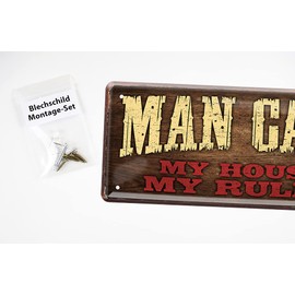 Man Cave My House My Rules Metal Sign - Vintage Retro Decorative Tin Sign - Sign Decoration Man Cave Party Cellar Bar Workshop - Funny Gift Idea for Men's Birthday - 28 x 12 cm