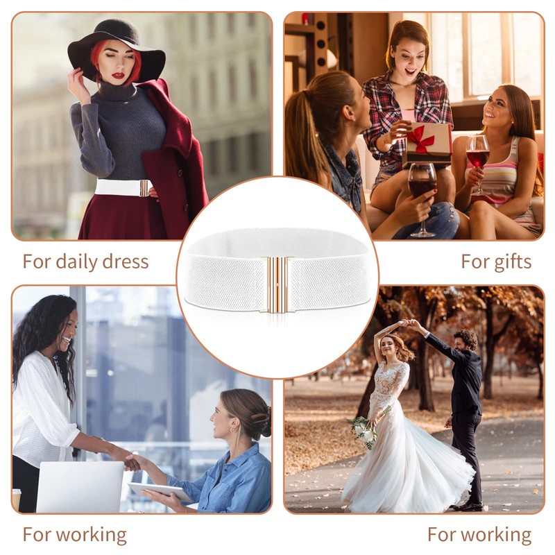 cobee Women Elastic Wide Belt,Waist Belt with Flat Buckle(White)