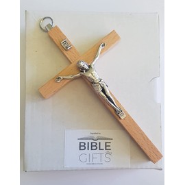 Biblegifts Hanging Wall Cross Crucifix Beech Wood with Corpus Christ Figure Small 5 Inch 12 cm high metal ring to hang