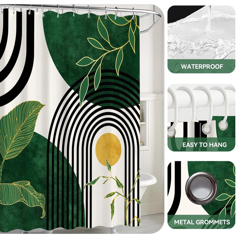 4Pcs Green Bathroom Sets with Shower Curtain and Rugs, Mid