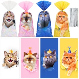 Hotop 100 PCS Cat Cellophane Bags Cat Gift Treat Bags Goodie Candy Bags Cat Party Favor Bag with 150 Ties Kitty Cat Themed Birthday Party Decorations Supplies for Kids Home Classroom Baby Shower