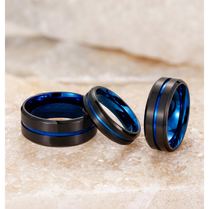 Tigrade Titanium Ring 6mm 8mm Blue Centre Groove Wedding Band