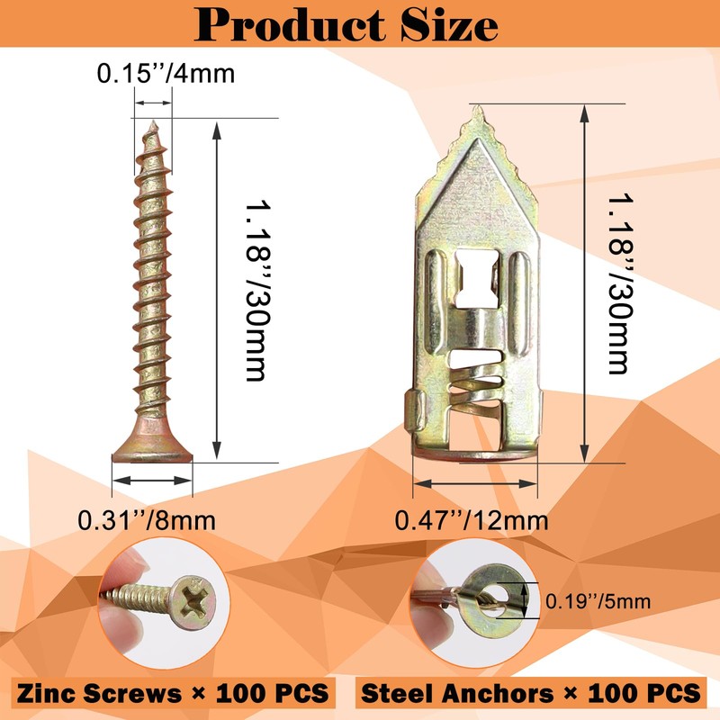 Sunxeke 200 Pcs Self Drilling Drywall Anchors with Screws,100 Sheetrock