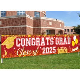 Graduation Banner Class of 2025 Congrats Grad Banner Yard Sign, 2025 Graduation Party Decorations for High School College Grad Party Supplies Outdoor Indoor Decor (Red)
