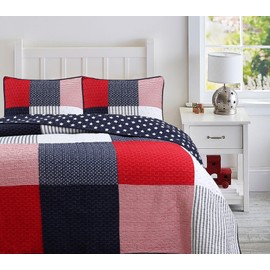 Cozy Line Home Fashions Navy Blue Red Striped Star Patriotic Boy 100% Cotton Reversible Quilt Bedding Set, All-Season Coverlet, Bedspread (Wallace Patchwork, Twin-2 Piece)