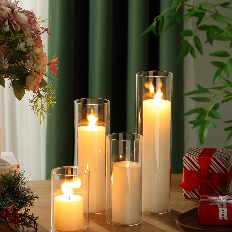 Shihanee Set of 8 Ivory Pillar Candles and Glass Cylinder