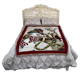 Snowman and Prancer - Donna Race - Blanket Throw Woven from Cotton - Made in The USA (72x54)