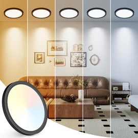 Peasur 7 inch LED Ceiling Light, 3000K/3500K/4000K/5000K/6500K Adjustable Flush Mount Light Fixture,1500LM 15W Thin Black Round Lamp for Hallway Kitchen Bathroom Bedroom