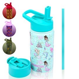 FAHRMOSIS 14 oz Kids Water Bottle | Insulated Water Bottle with Straw & 2 Lids | Reusable Double Insulated Water Bottle - Leakproof Kids Water Bottle for School & Outdoor Activities - Teal (Mermaid)