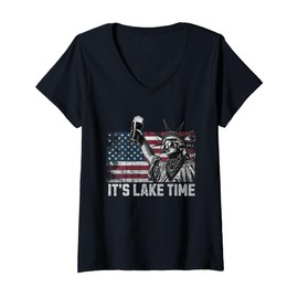 Womens Summer It’s Lake Time Beer Statue of Liberty 4th of July USA V-Neck T-Shirt