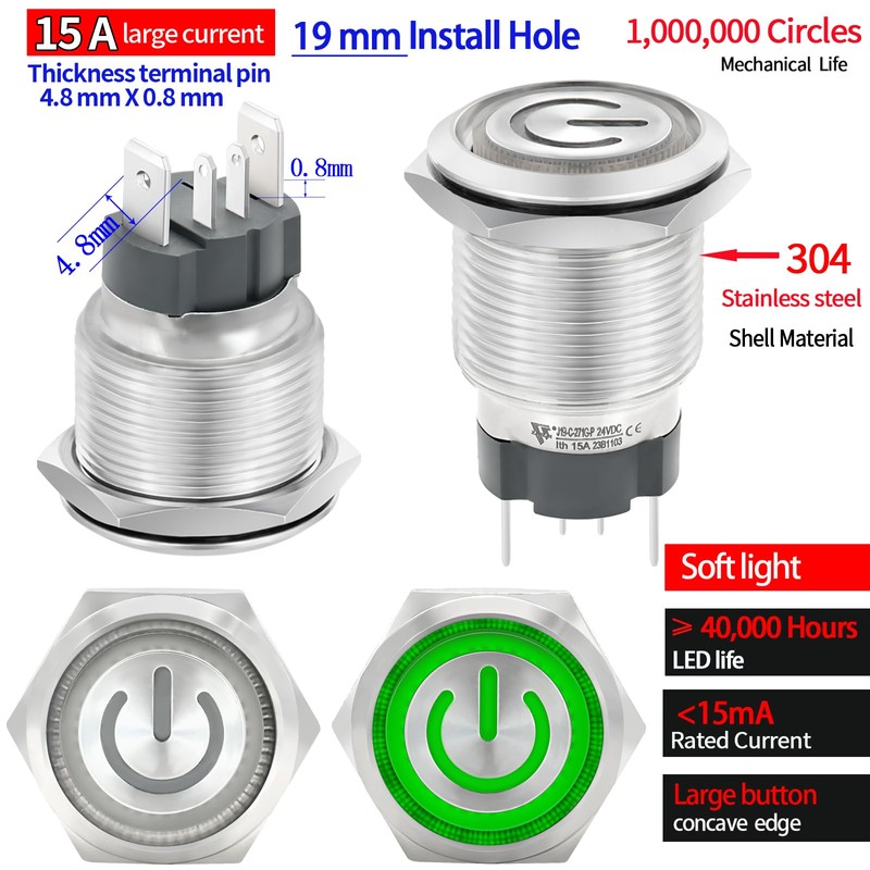 15Amp 19mm Latching Push Button Switch Waterproof IP67 12/24V DC/AC