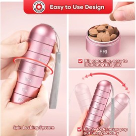 Metal Pill Organizer Travel Hiking 7 Days Moisture Proof Large Compartment for Pills Vitamins Tablets Capsules (Rose Gold)
