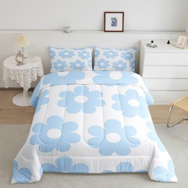 Manfei Cute Daisy Flowers Queen Size Comforter Set,70s Retro Groovy Down Alternative Comforter Adults Bedroom Decor,Cartoon Floral Blue Ultra Soft Microfiber Inner Fill 3Pcs Bedding