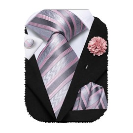 Hi-Tie Silver Tie and Flower Lapel Pin Set Silk Striped Ties for Men and Pocket Square Cufflinks 4PCS Necktie for Wedding
