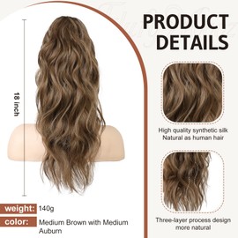 FLUFYMOOZ Ponytail Extension, 18 Inch Claw Clip Ponytail Extension, Wavy Curly Claw Clip in Ponytail Hair Extensions, Natural Fake Ponytail Synthetic Hairpiece for Women (Medium Brown with Medium Auburn)