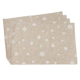 SARO LIFESTYLE 7352.N1319B Snowfall Collection Poly and Linen Blend Christmas Placemats with Snowflake Design (Set of 4), 13" x 19", Natural