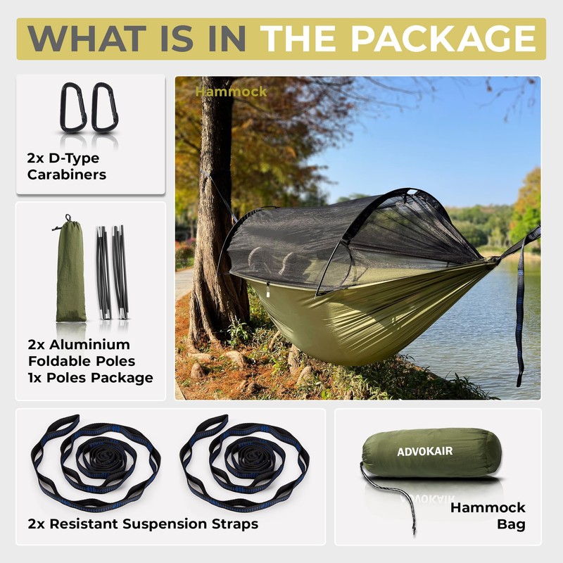 ADVOKAIR Camping Hammock with Mosquito Net Up to 500lbs, Ultralight