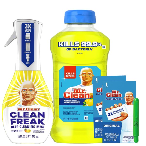 Mr Clean All Purpose Cleaner, Summer Citrus Lemon Scent- 3 in 1 Kit with Mr Clean Summer Citrus All Purpose Cleaner, Mr Clean Clean Freak Spray, 2 Mr Clean Magic Erasers and Gift Boutique Lint Stick