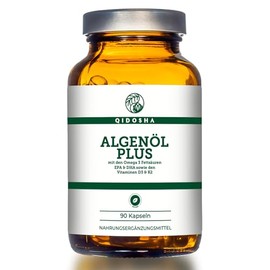 QIDOSHA Omega 3 Algae Oil Capsules Plus Vitamin D3 and K2 with the Brand Raw Material "Life's Omega" from DSM from the Netherlands, 90 Vegan Capsules in Pharmacist Jar