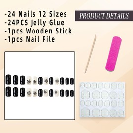 Jremg Christmas Press on Nails Medium Square Fake Nails with Glitter Designs Black Snowflake Full Cover Glue on Nails Glossy Shiny Snow French Tip Gradient Acrylic Nails for Women Manicure Decor 24Pcs