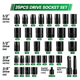 Steel Vision 3/8" and 1/2” Drive Impact Socket Set, 35 Pieces Metric(8-30 mm) and SAE(3/8-1 inch) Shallow Socket, Cr-V, 6-Point, Includes Socket Adapter and Extension Bars, Portable Storage Case