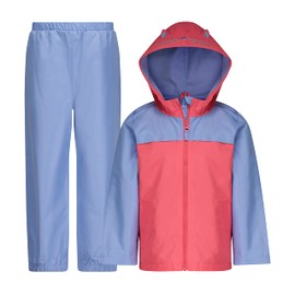 LONDON FOG Girls' Waterproof Rain Suit for Kids Hooded Jacket and Splash Pant Set, Pink Cat, 7