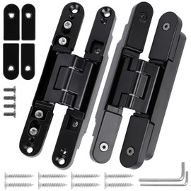 Hidden Door Hinges（2 Pcs）- 6 x 2 x 1.2 inch Black Thin Invisible Hinges for Doors Zinc Alloy Concealed Hinge, 3 Way Adjustable Hinges, 180°Swing Invisible Hinges for 28-45mm Door Thickness