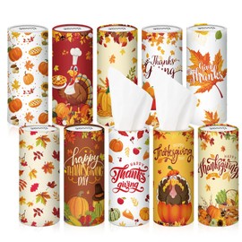 Hushee 10 Pcs Thanksgiving Car Tissues Cylinder Holder Boxes with 500 Facial Tissues Pumpkin Tissue Box for Car Fall Round Tissue Tubes for Cup Holder Home Office Travel, 10 Styles